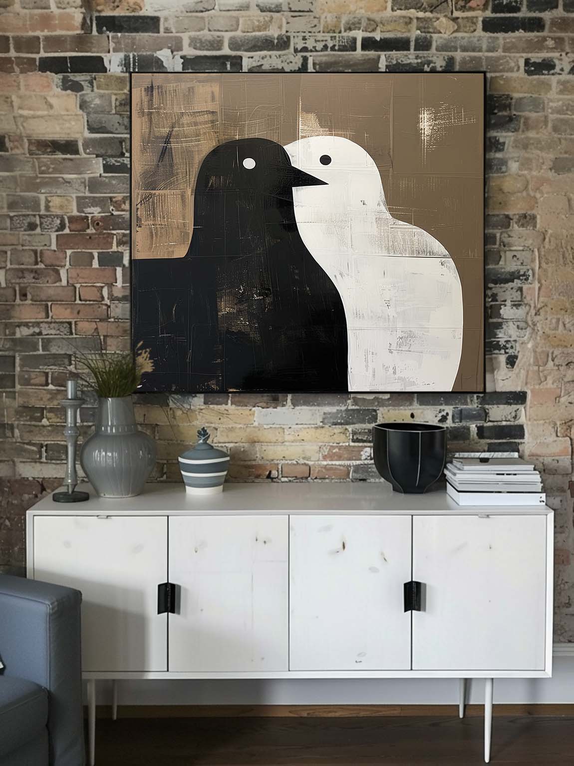Vintage Neutral Dove Canvas Art Retro Handmade Dove Painting Original Black And White Canvas Art Retro Canvas Dove Art