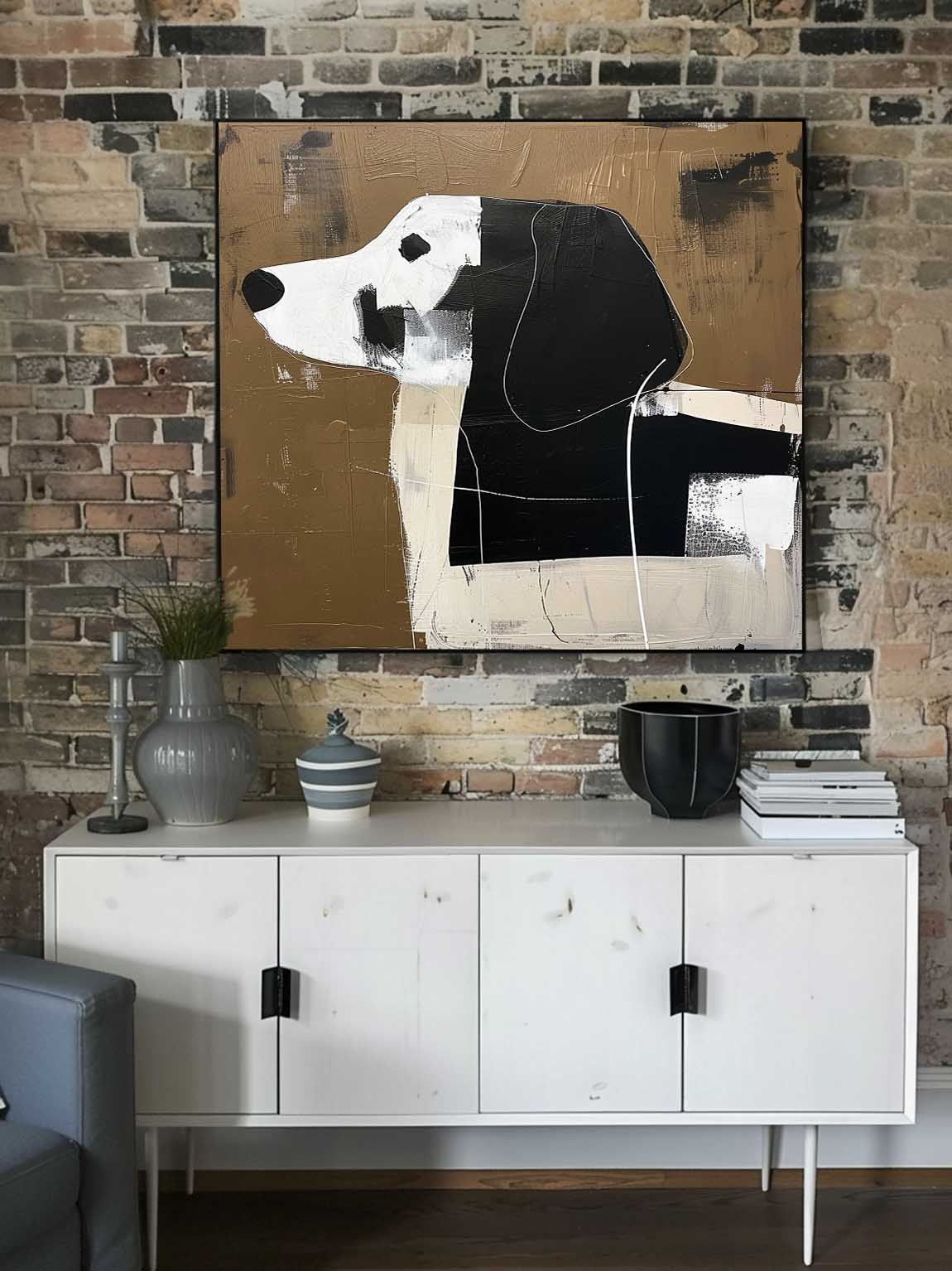 Vintage Black and White Dog Original Oil Painting Large Original Dog Canvas Wall Art Vintage Minimalist Art