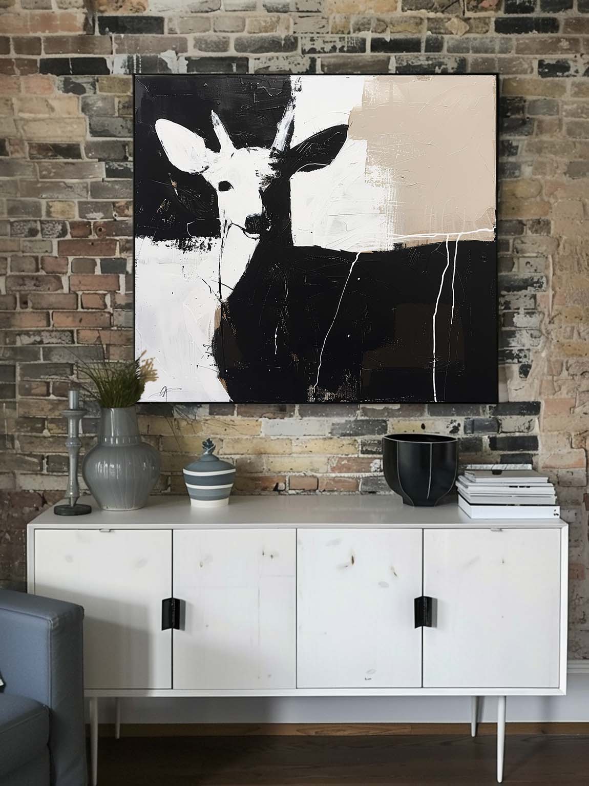 Retro Original Black And White Deer Painting Large Black And White Canvas Art Retro Minimalist Deer Painting On Canvas