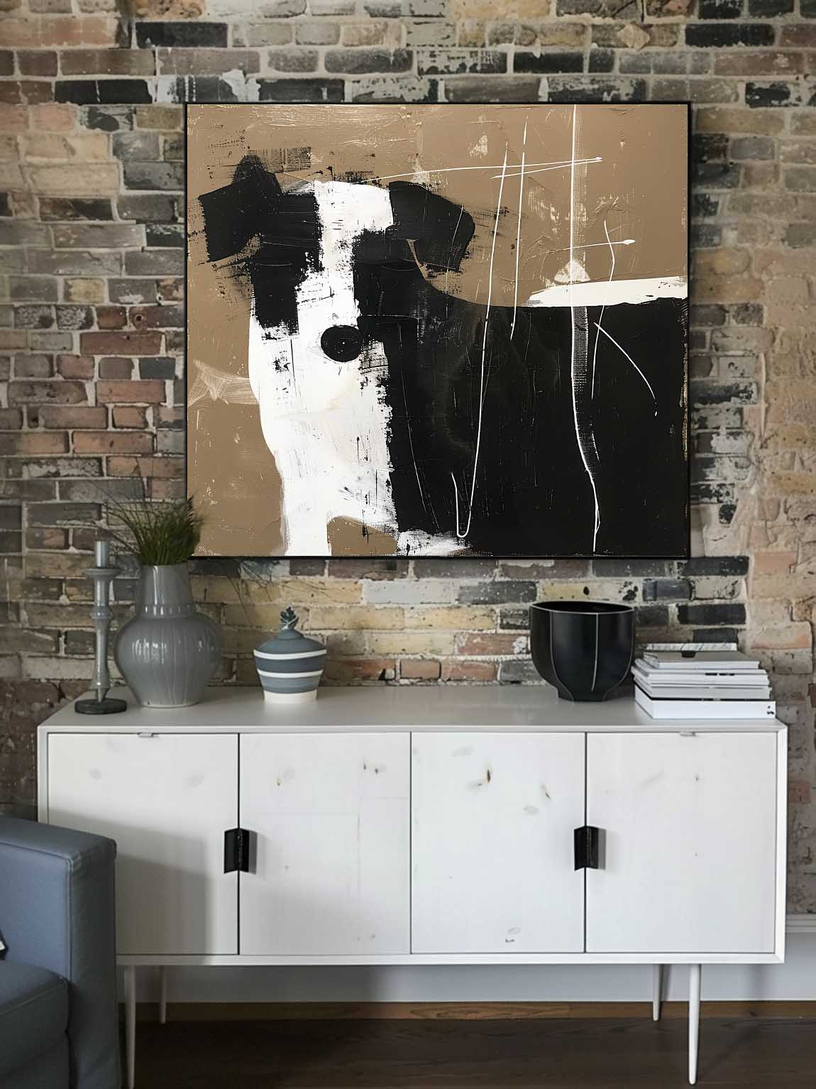 Vintage Black and White Abstract Dog Art Minimalist Black And White Canvas Painting Large Retro Decor