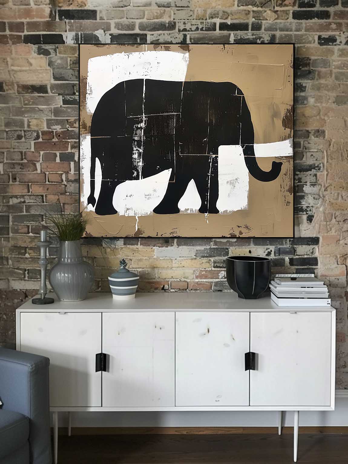 Retro Elephant Acrylic Painting On Canvas Large Neutral Elephant Painting Large Neutral Artwork