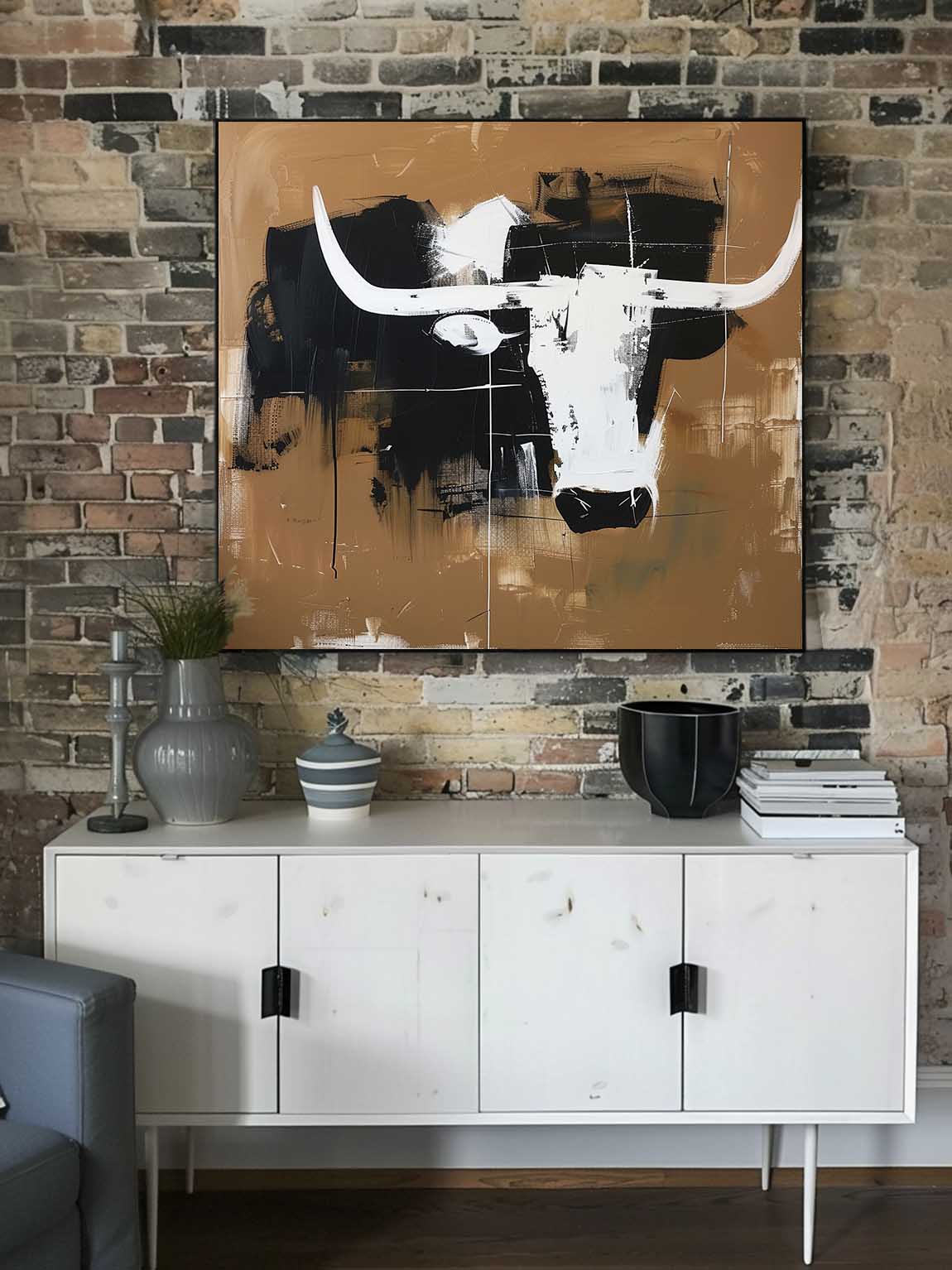 Vintage Abstract Bull Art Retro Minimalist Black And White Canvas Large Abstract Retro Wall Art