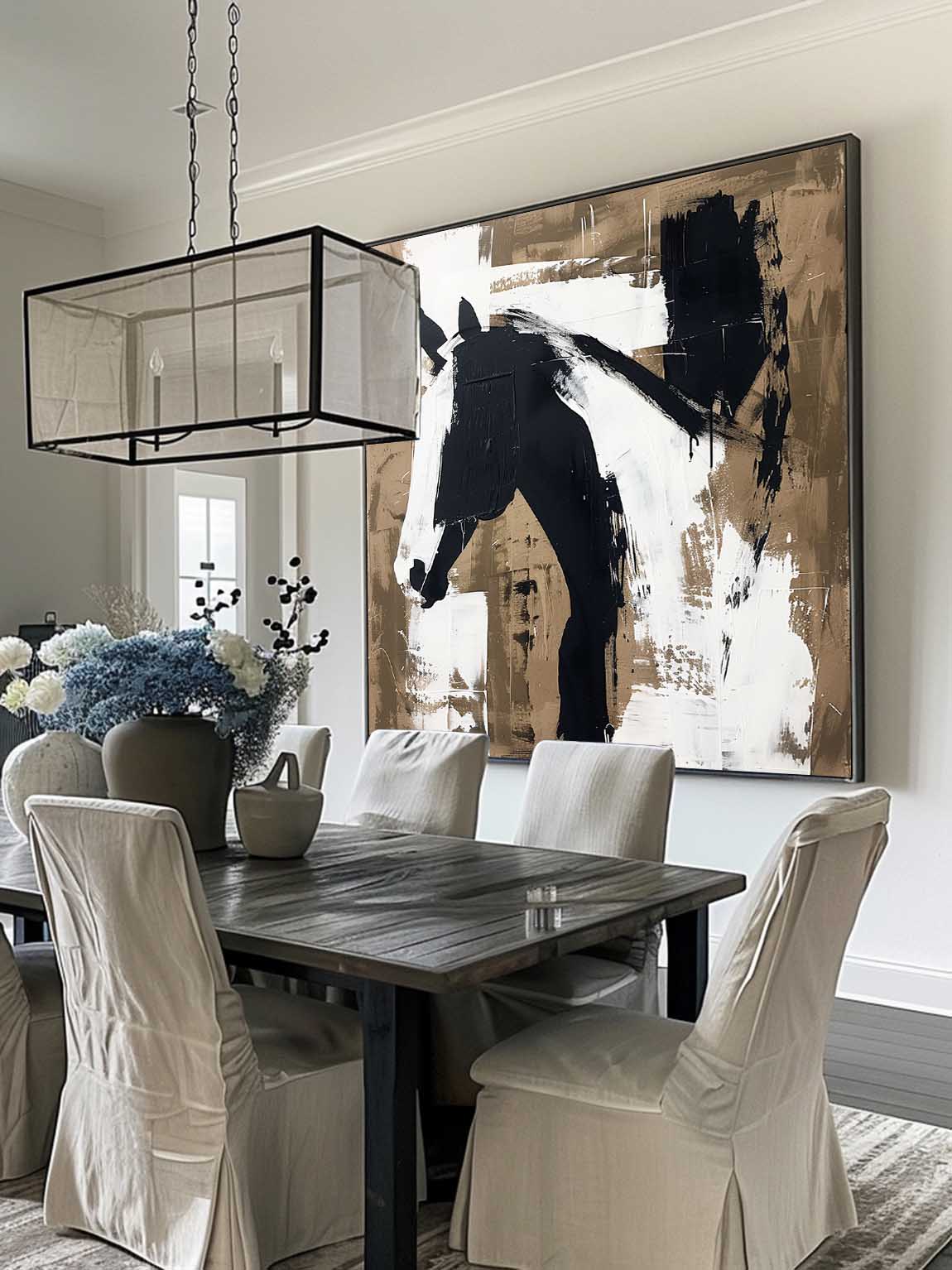 Vintage White & Black Horse Oil Painting Abstract Original Canvas Wall Art Retro Horse Wall Art