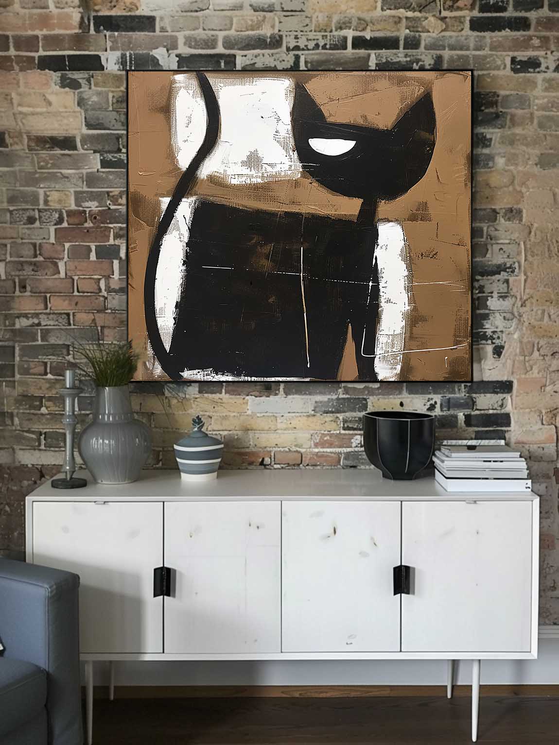 Retro Abstract Cat Painting Vintage Large Cat Wall Art Large Black And White Cat Painting Retro Neutral Home Decor