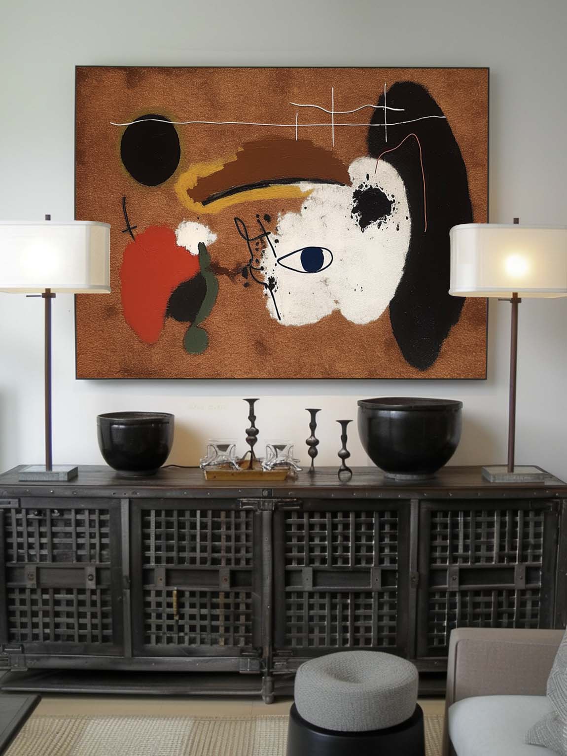 Abstract Vintage Brown Painting On Canvas Large Retro Black And White Abstract Art Original Canvas Painting