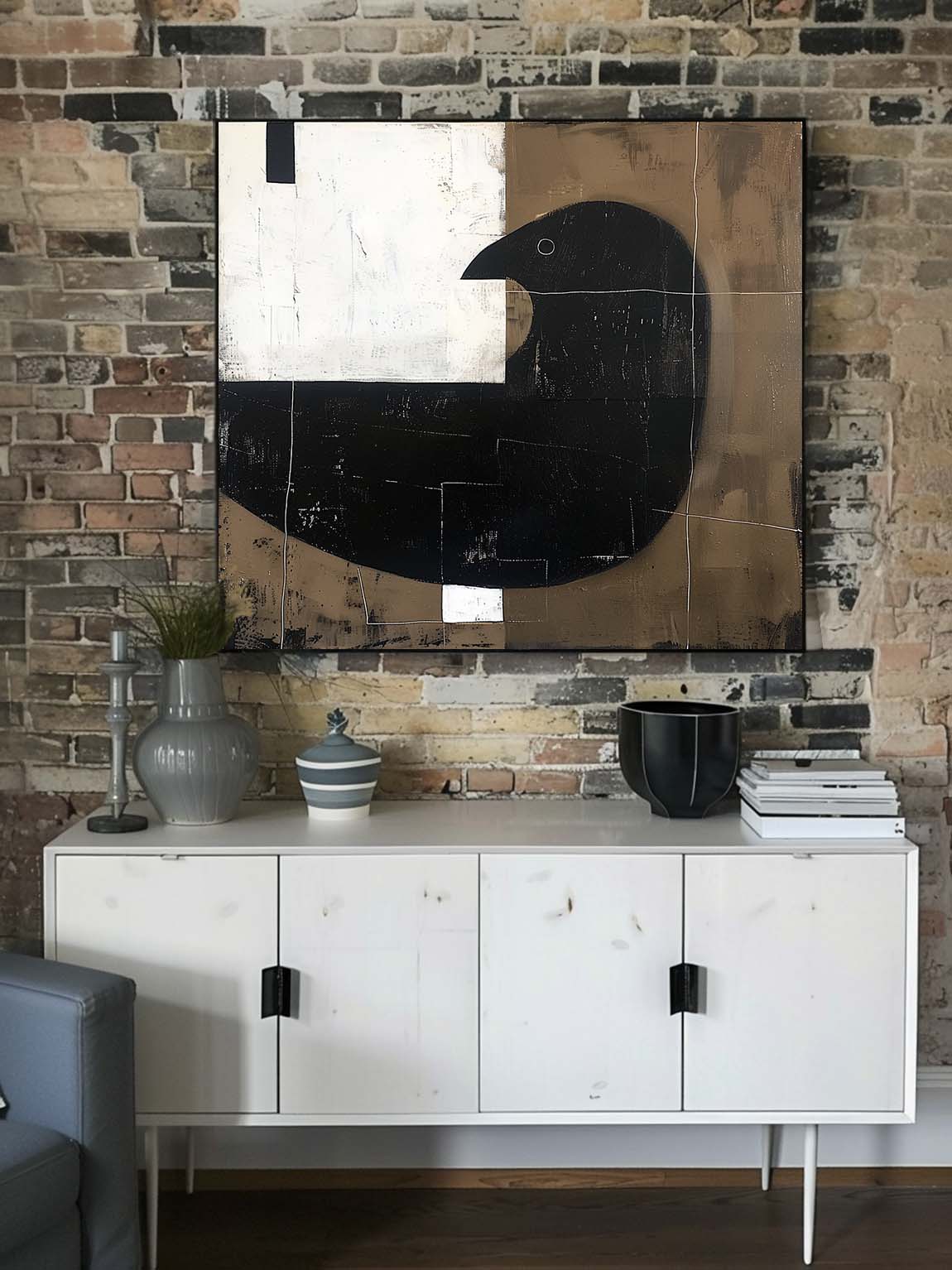 Vintage Black And White Dove Canvas Art Large Abstract Minimalist Bird Painting Retro Dove Wall Art