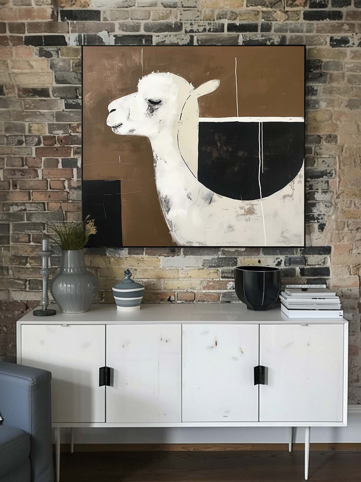 Vintage Black and White alpaca Painting on Canvas Neutral Background Wall Art Retro Abstract alpaca Art