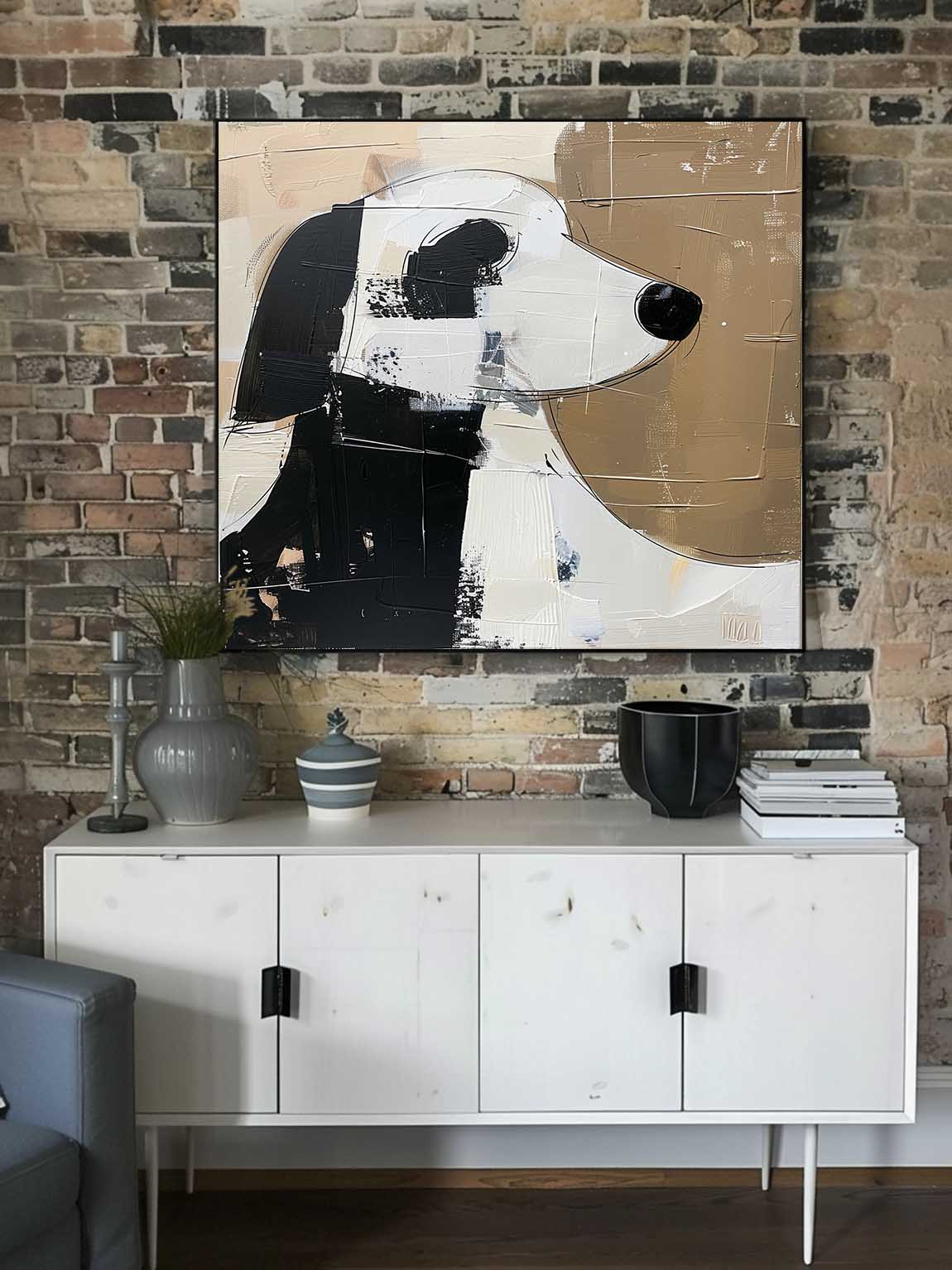 Vintage White And Black Dog Canvas Art Large Retro Minimalist Abstract Art Large Canvas Artwork