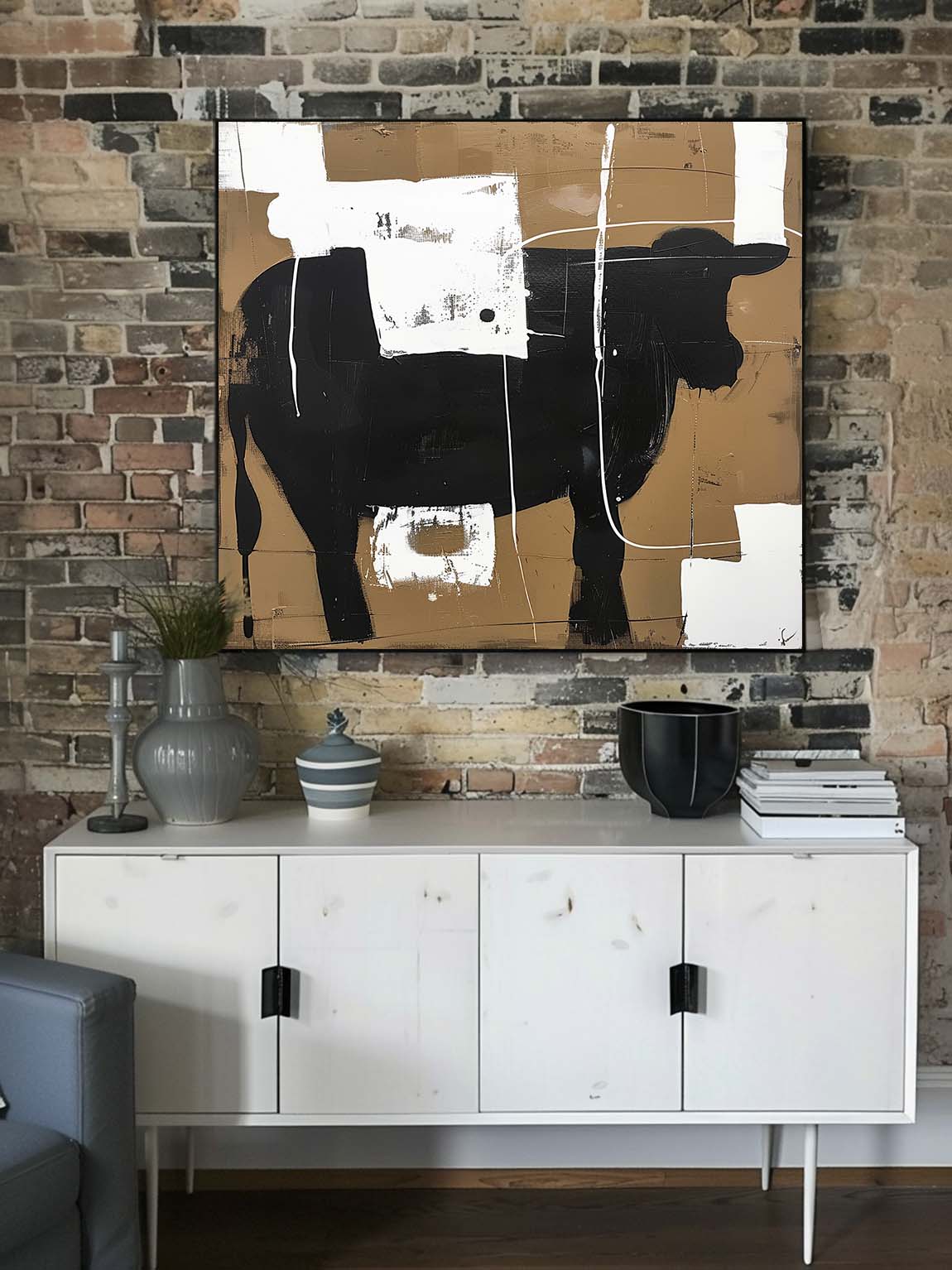 Vintage Original Abstract Bull Painting On Canvas Handmade Bull Painting Large Bull Artwork Large Abstract Art
