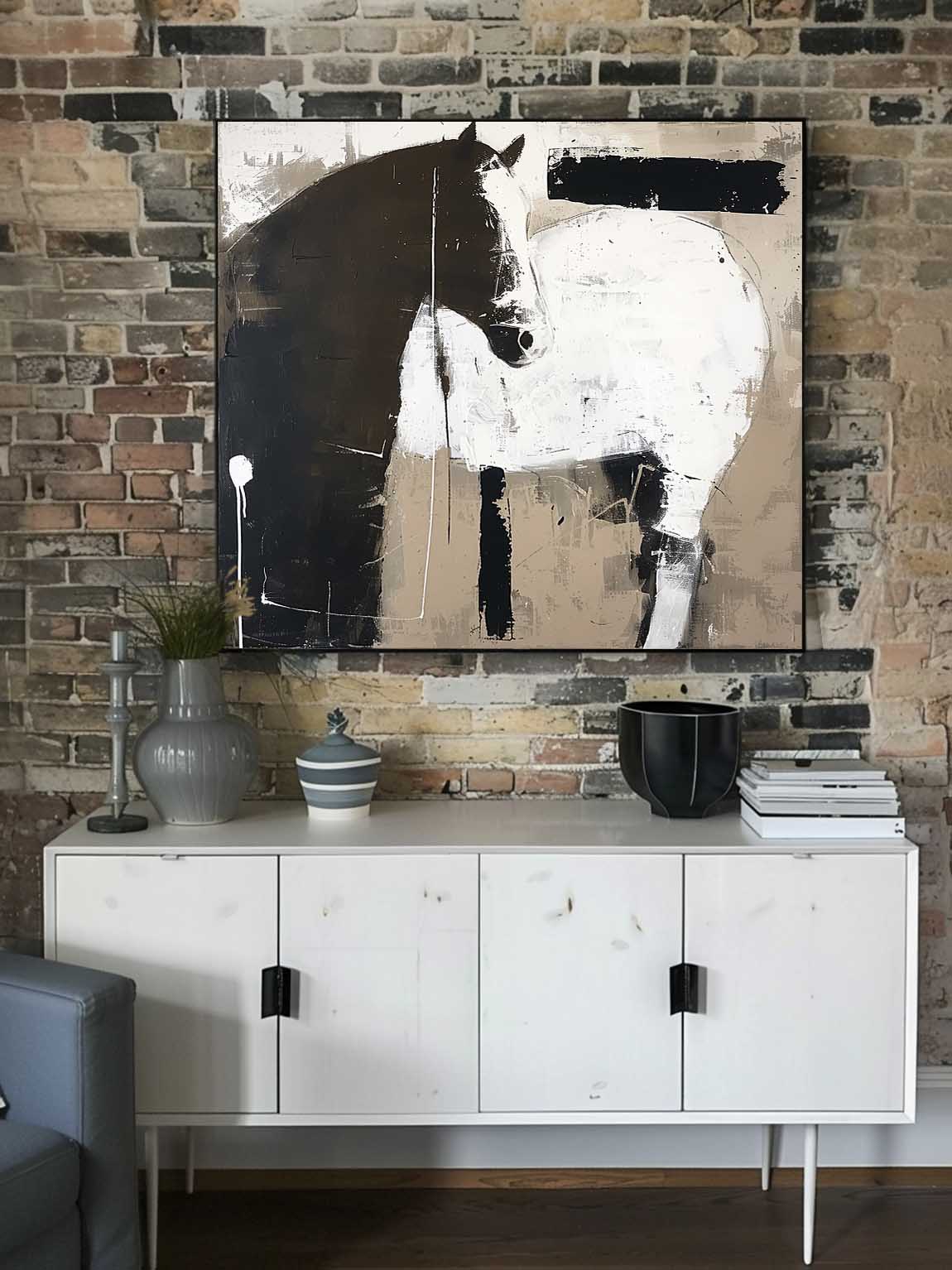 Vintage Horse Painting Large Oil Painting Horse Wall Art Original Retro Black Horse Oil Painting