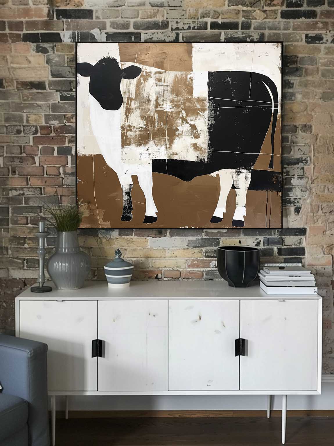 Vintage White And Black Bull Oil Painting Original Black And White Acrylic Art Large Canvas Wall Decor