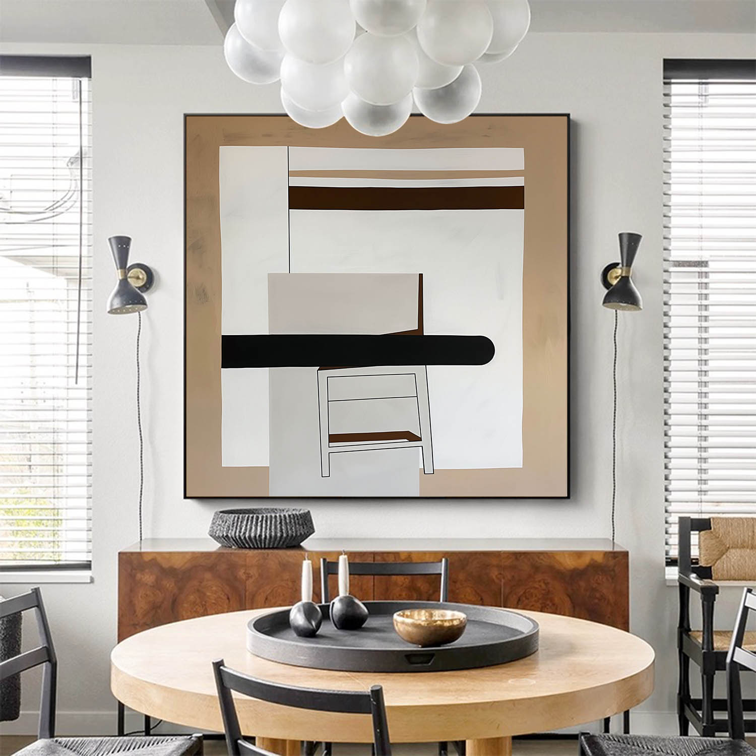 Large Retro Abstract Oil Painting Beige And Black Retro Wall Art Vintage Abstract Oil Painting