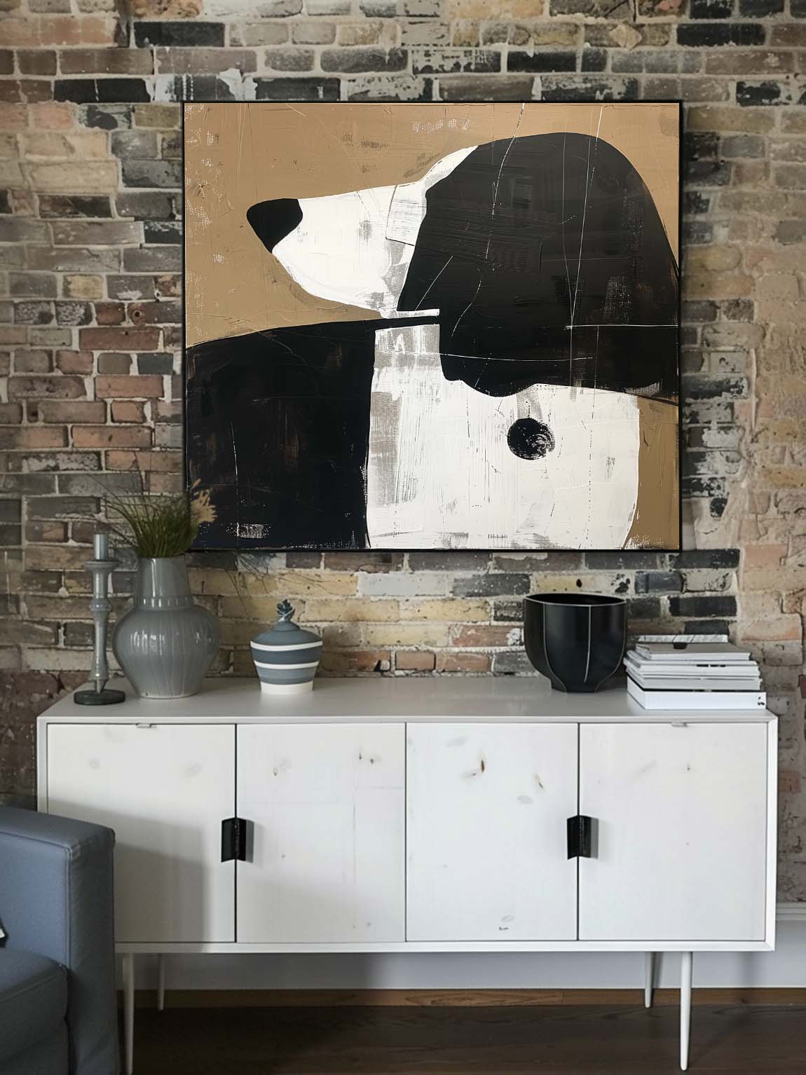 Vintage Black and White Dog Canvas Art Large Vintage Dog Oil Painting Vintage Canvas Wall Art