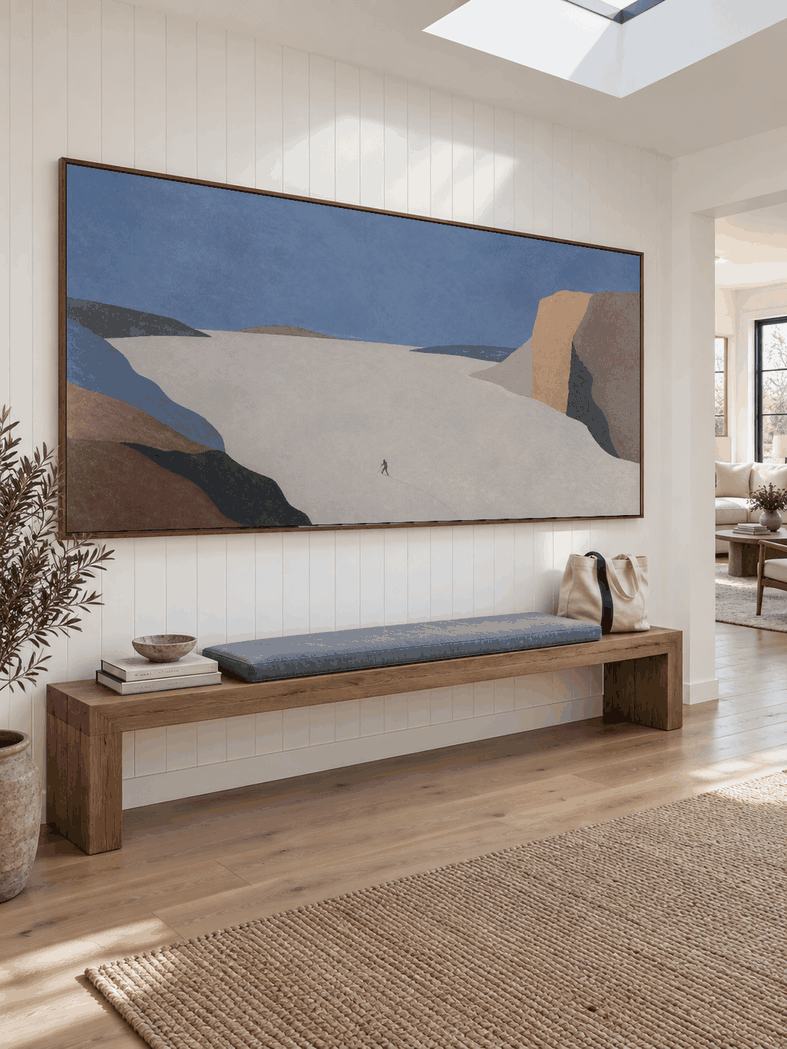Minimalist Snow Valley Canvas Art With Lone Traveler For Modern Office Decor