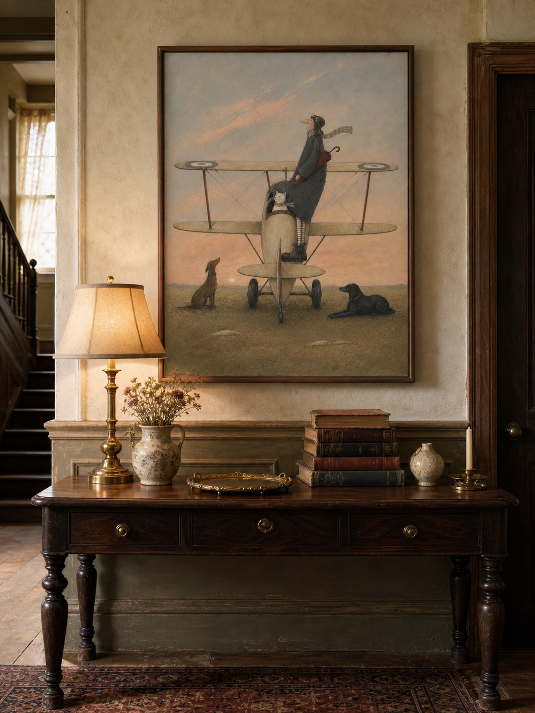 Sunset Biplane Whimsical Pilot Original Surrealist Painting