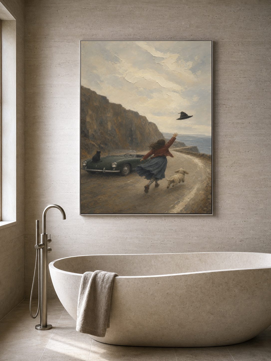 Vintage Coastal Travel Art With Pets And Classic Car For Home Decor