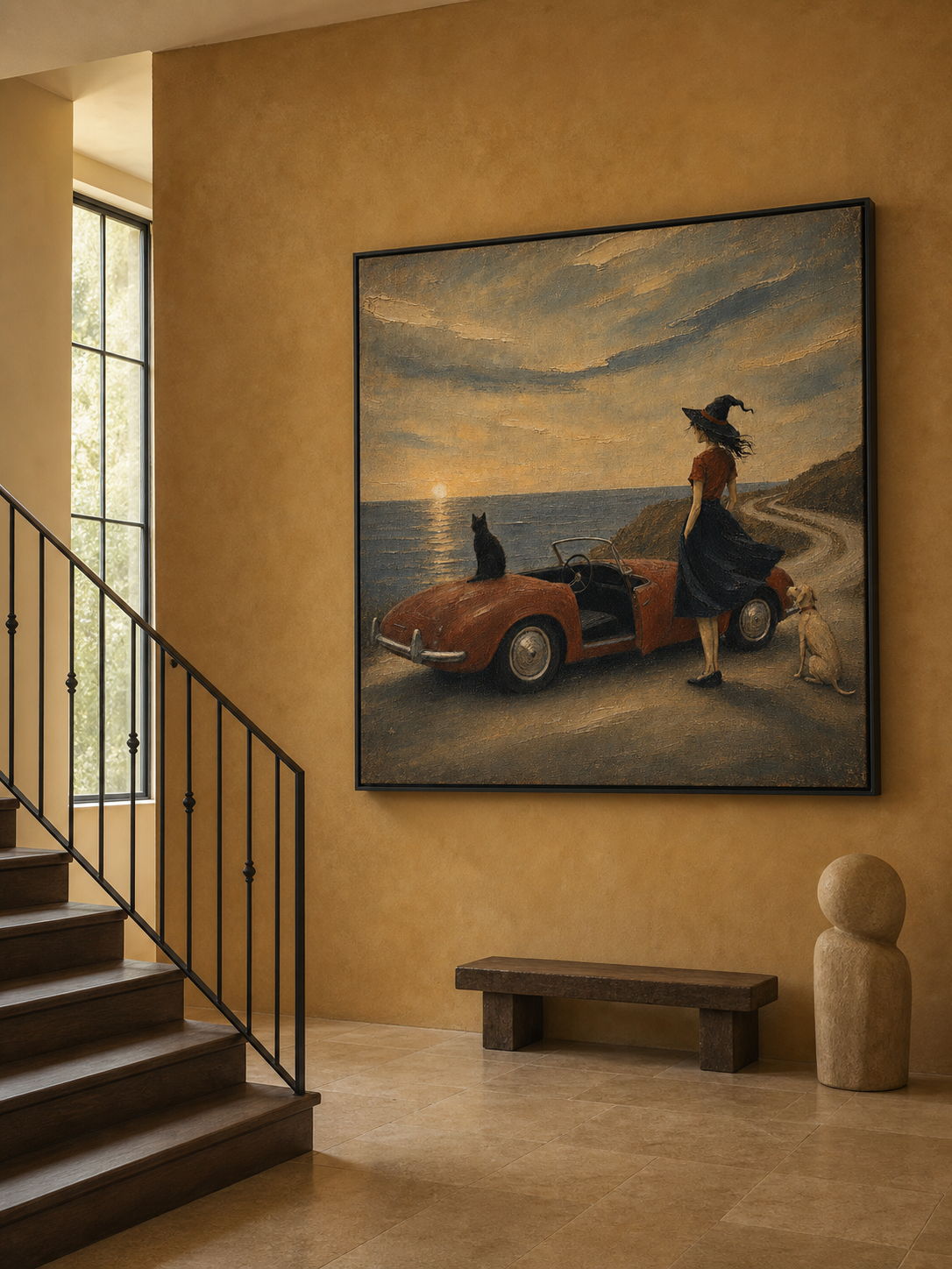Large Vintage Coastal Wall Art Surrealist Oil Painting Whimsical Witch