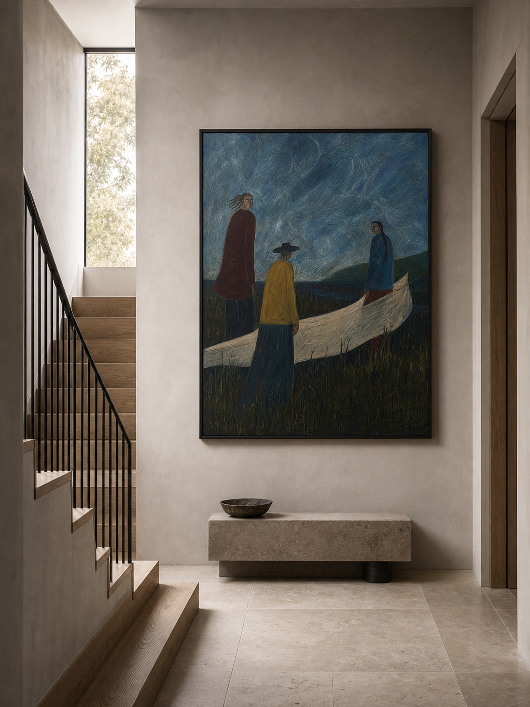 Vintage Folk Art Painting Of People With Boat For Rustic Wall Decor