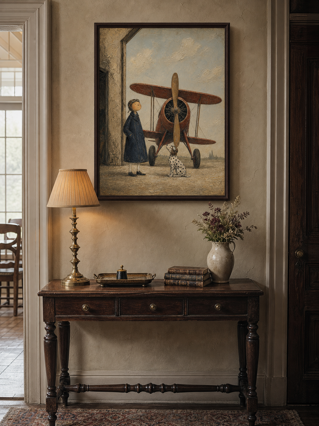 Vintage Pilot And Dalmatian Dog Wall Art With Classic Biplane For Study