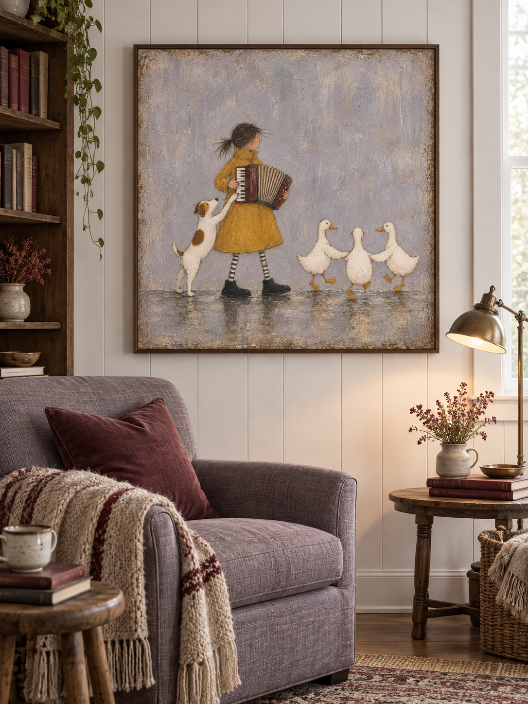 Girl With Accordion And Ducks Hand-Painted Canvas Art In Yellow And Grey