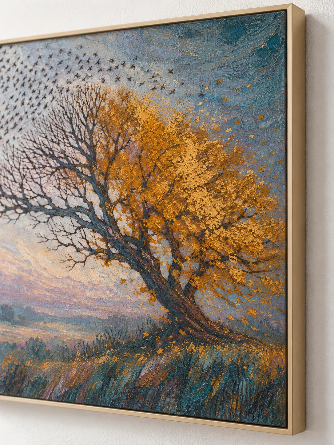 Large Autumn Tree Wall Art Hand Painted Textured Birds And Landscape Painting