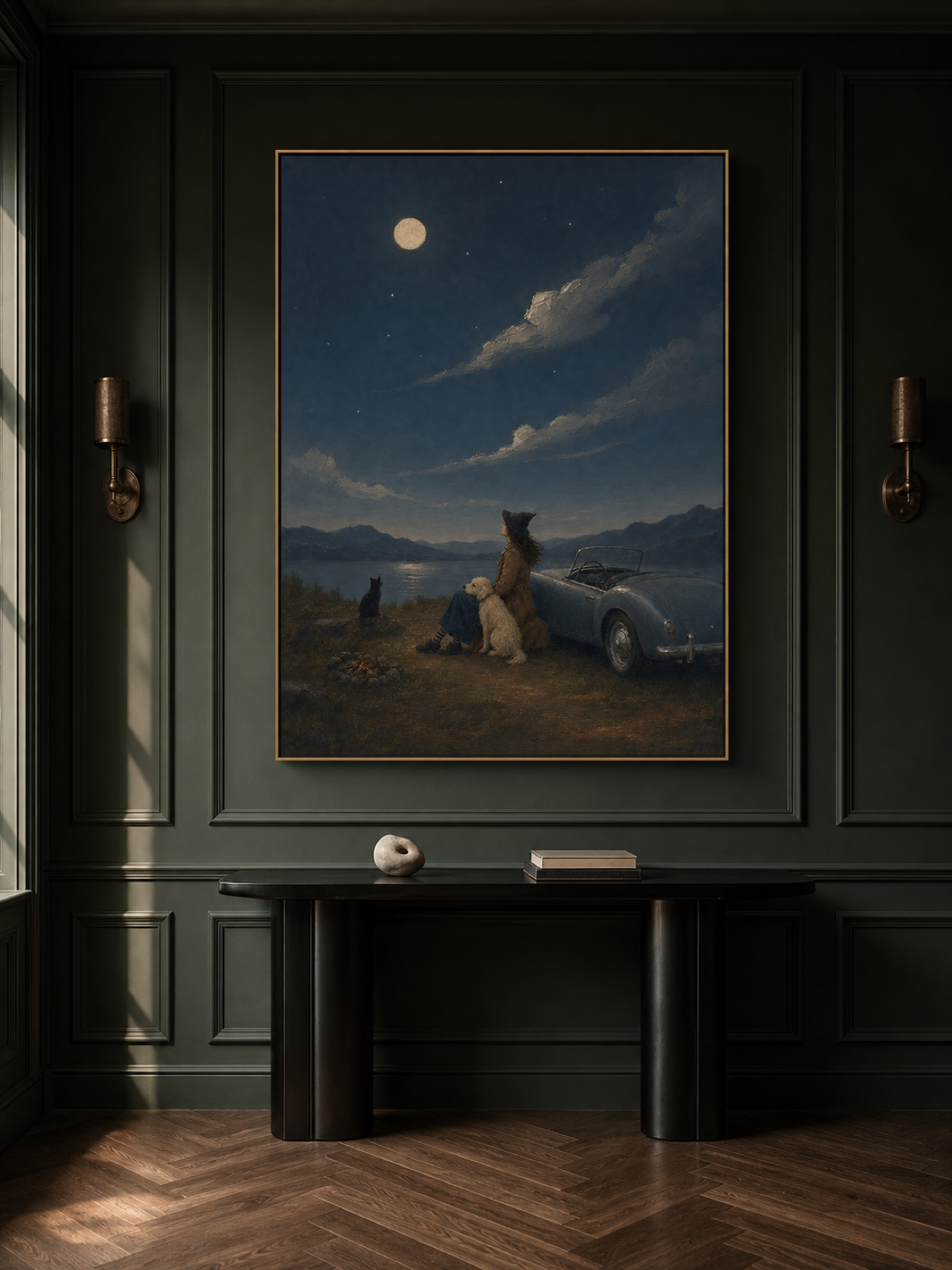 Vintage Car Painting With Dog And Moonlight Night Scene Wall Art For Living Room Decor