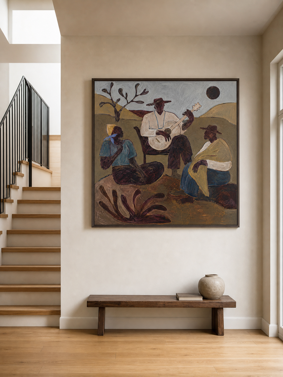 Original Folk Music Painting With Moonlight Scene Oil Painting Large Rustic Southwestern Wall Art