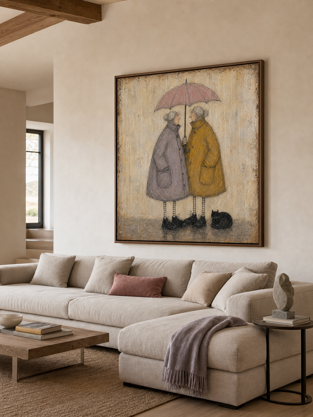 Whimsical Elderly Couple Under Umbrella Vintage Oil Painting For Cozy Living Room Wall Art