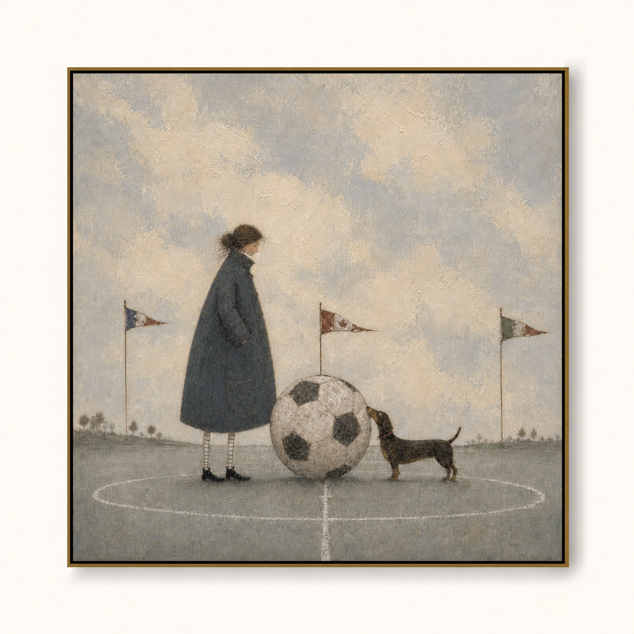Whimsical Soccer Art Print With Dog And Man In Blue Grey Tones For Modern Home Decor