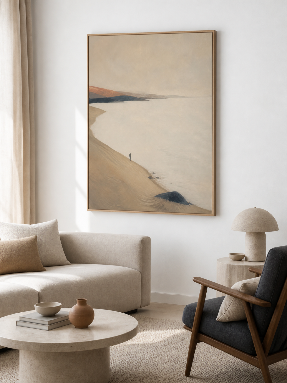 Lone Traveler On Coastal Dunes Hand-Painted Canvas Art In Beige And Grey