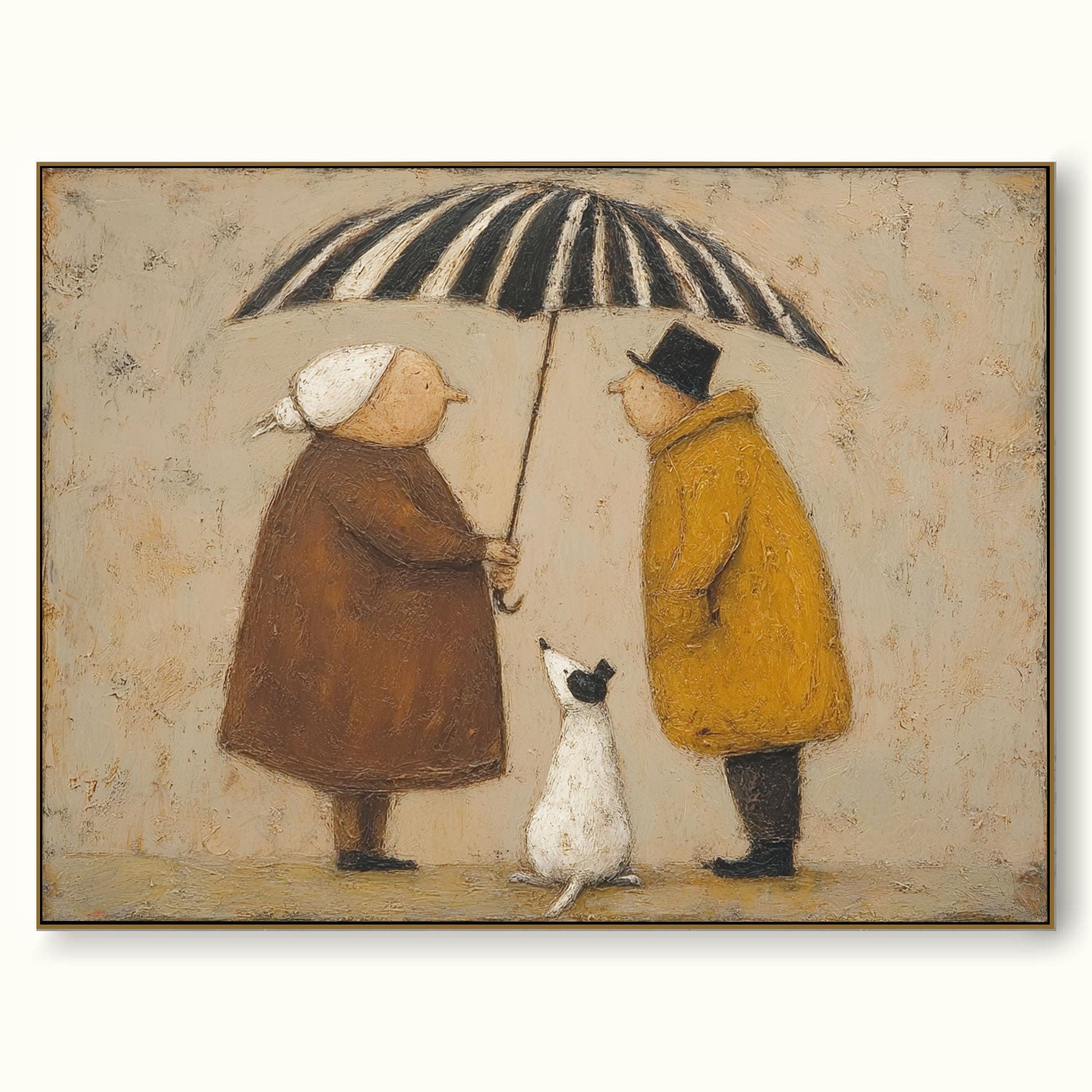 Vintage Style Oil Painting Of Couple With Dog Under Striped Umbrella For Cozy Home Decor