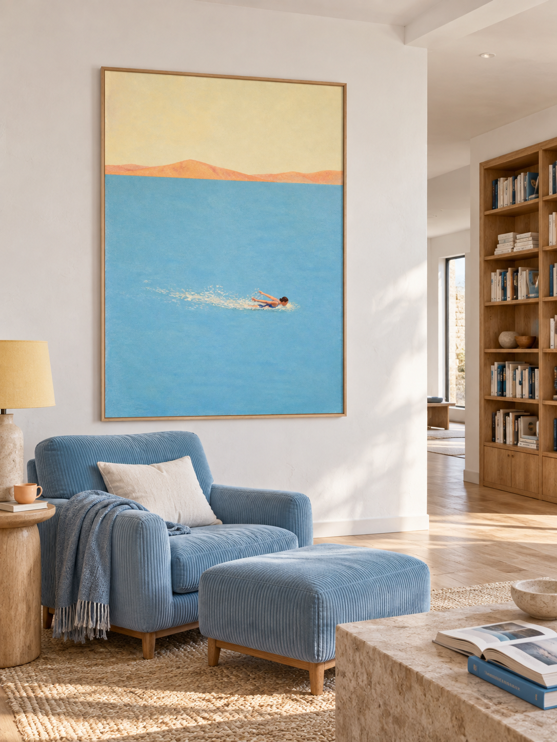 Woman Breaststroke Swimming In Blue Open Water Hand Painted Coastal Wall Art