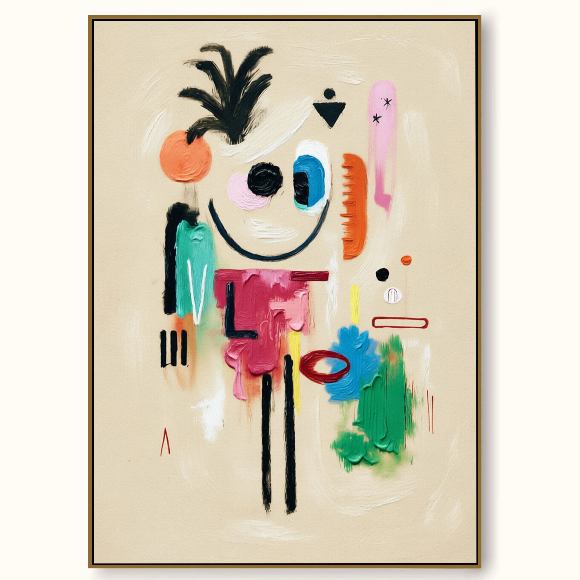 Minimalist Beige Abstract Cartoon Character Painting With Colorful Texture For Modern Decor