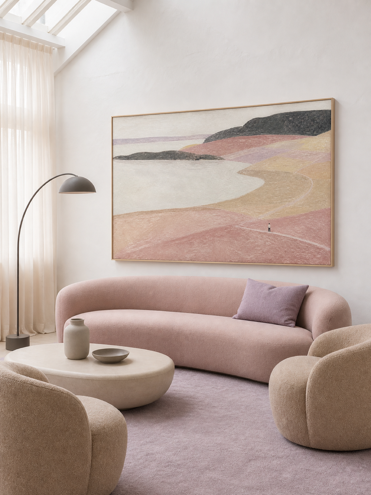 Contemporary Pink And Beige Abstract Bay With A Winding Path Wall Decor