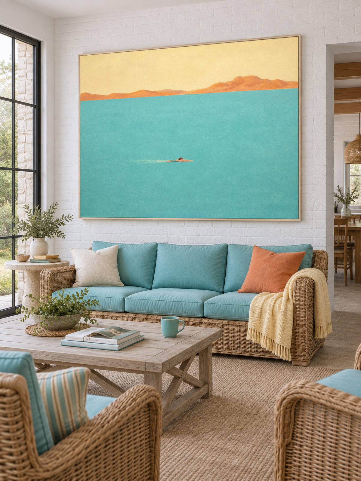 Modern Coastal Wall Art For Bedroom Room Solo Swimmer Painting Blue Beige