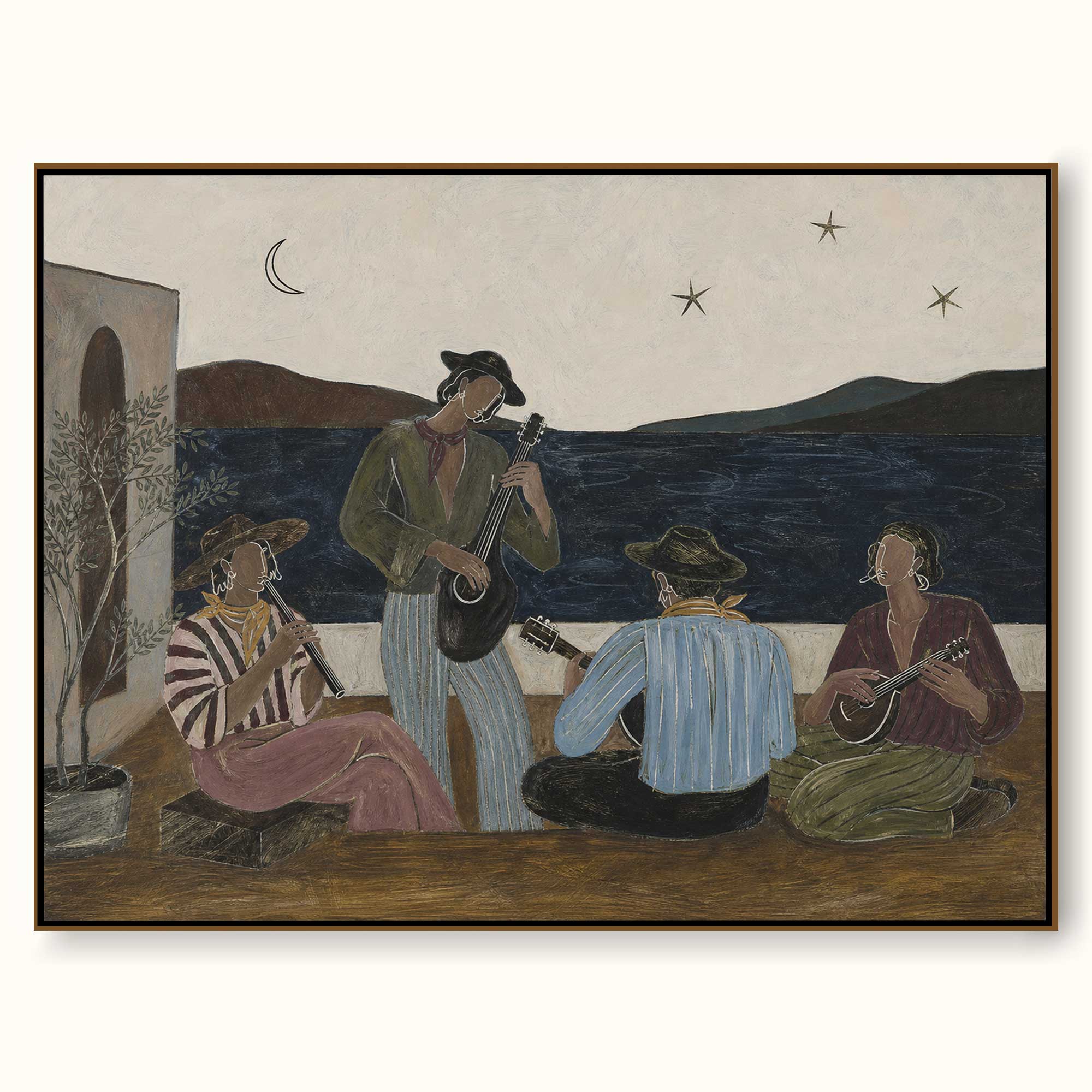 Original Hand Painted Mediterranean Folk Music Painting Vintage Figurative Wall Art