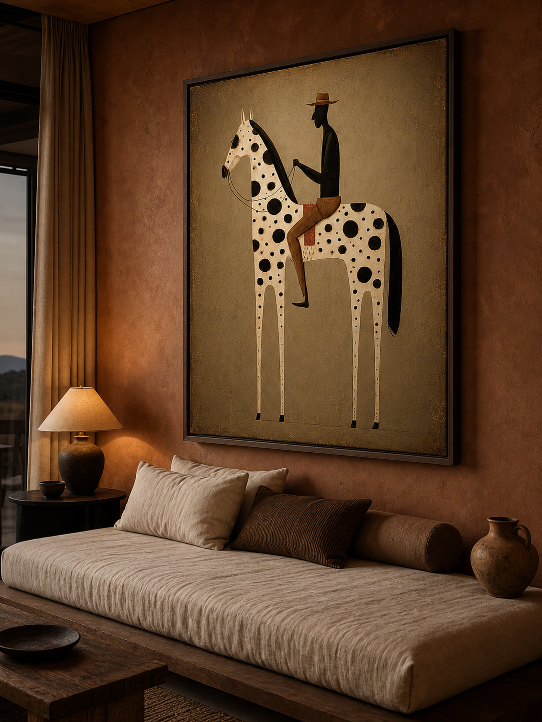 Vintage Modern Horse And Rider Painting For Living Room Decor With Earthy Tones