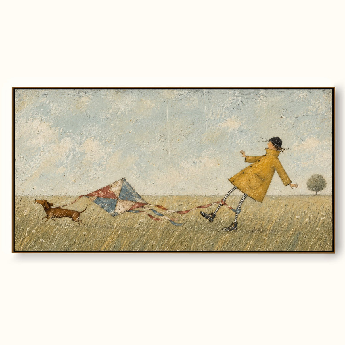 Whimsical Girl And Dachshund With Kite Hand-Painted Canvas Art