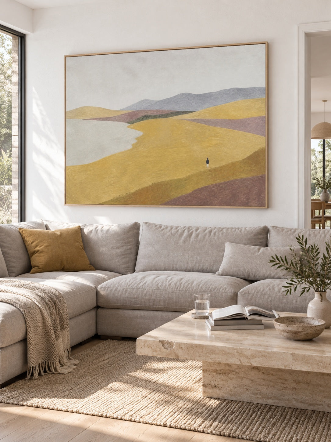 Neutral Golden Hill Canvas Art With Lone Figure For Contemporary Bedroom Decor