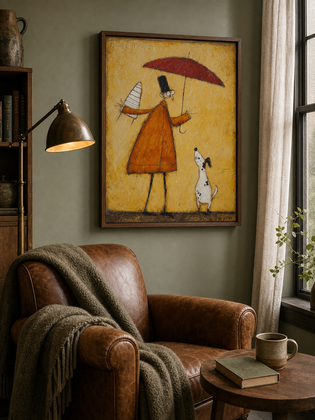 Handmade Minimalist People Canvas Painting Warm Yellow Retro Decor Framed Art