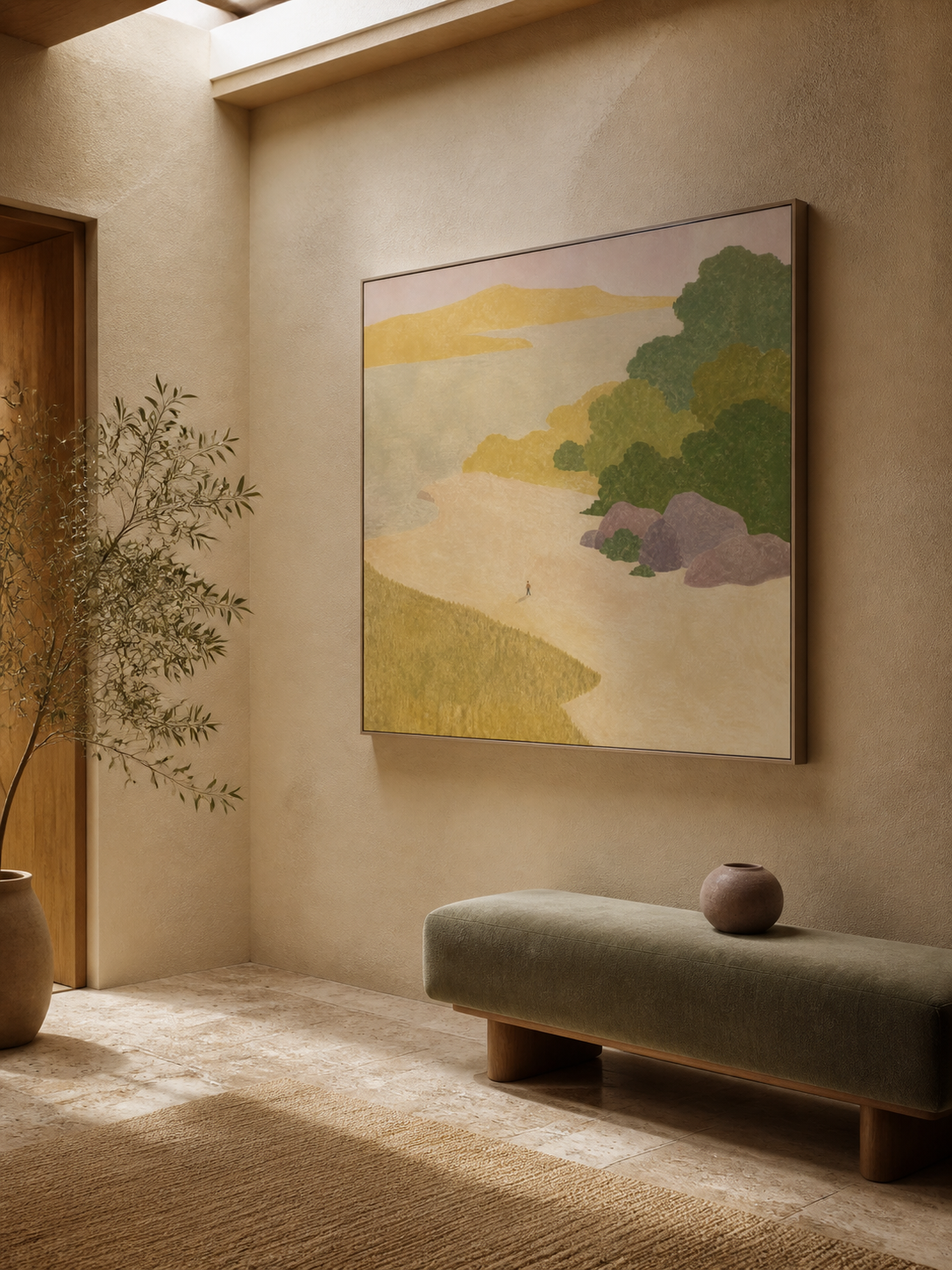 Large Hand Painted Minimalist Coastal Cove With A Tiny Figure Living Room Wall Art