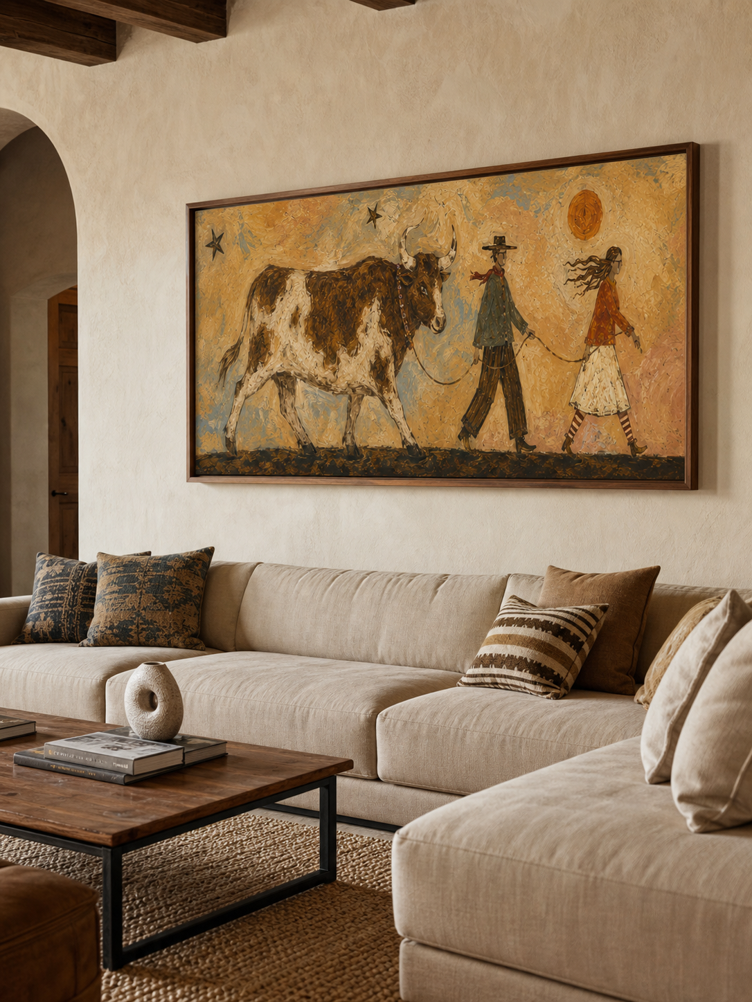 Original Handmade Western Oil Painting Large Vintage Cow Art Framed Ready To Hang