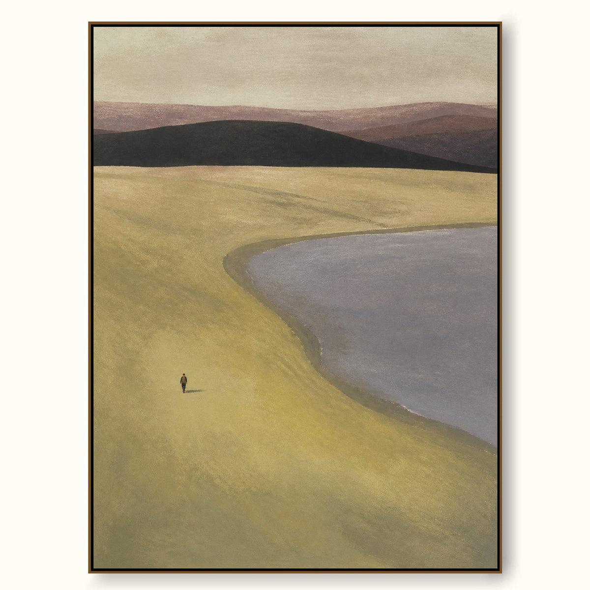 Olive Green Lakeside With A Lone Walker And Distant Hills Framed Painting