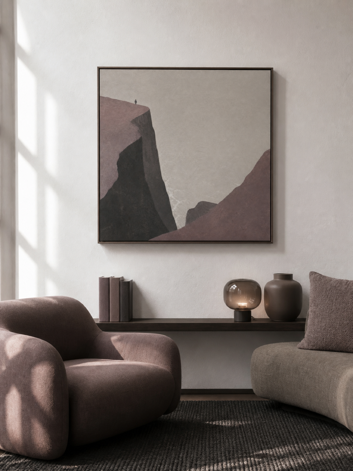 Coastal Cliff Figure Hand-Painted Canvas Art In Beige And Gray Tones