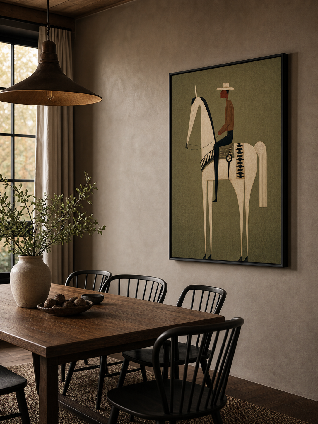 Vintage Minimalist Horse And Rider Painting With Earthy Green Tones For Modern Home Decor