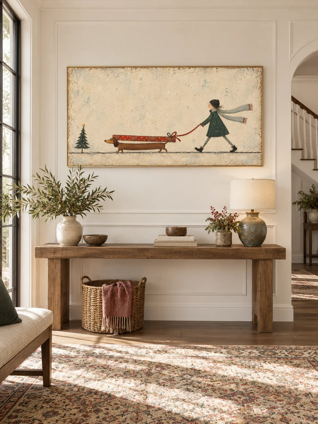 Hand-Painted Dachshund Christmas Art With Girl And Gift Canvas