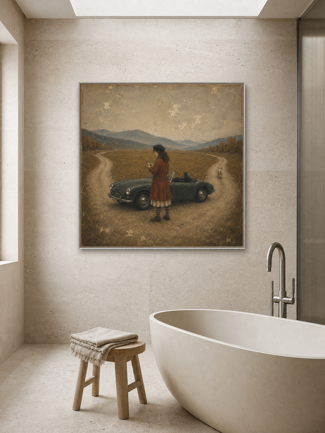 Vintage Road Trip Woman In Classic Convertible Abstract Retro Travel Canvas Art