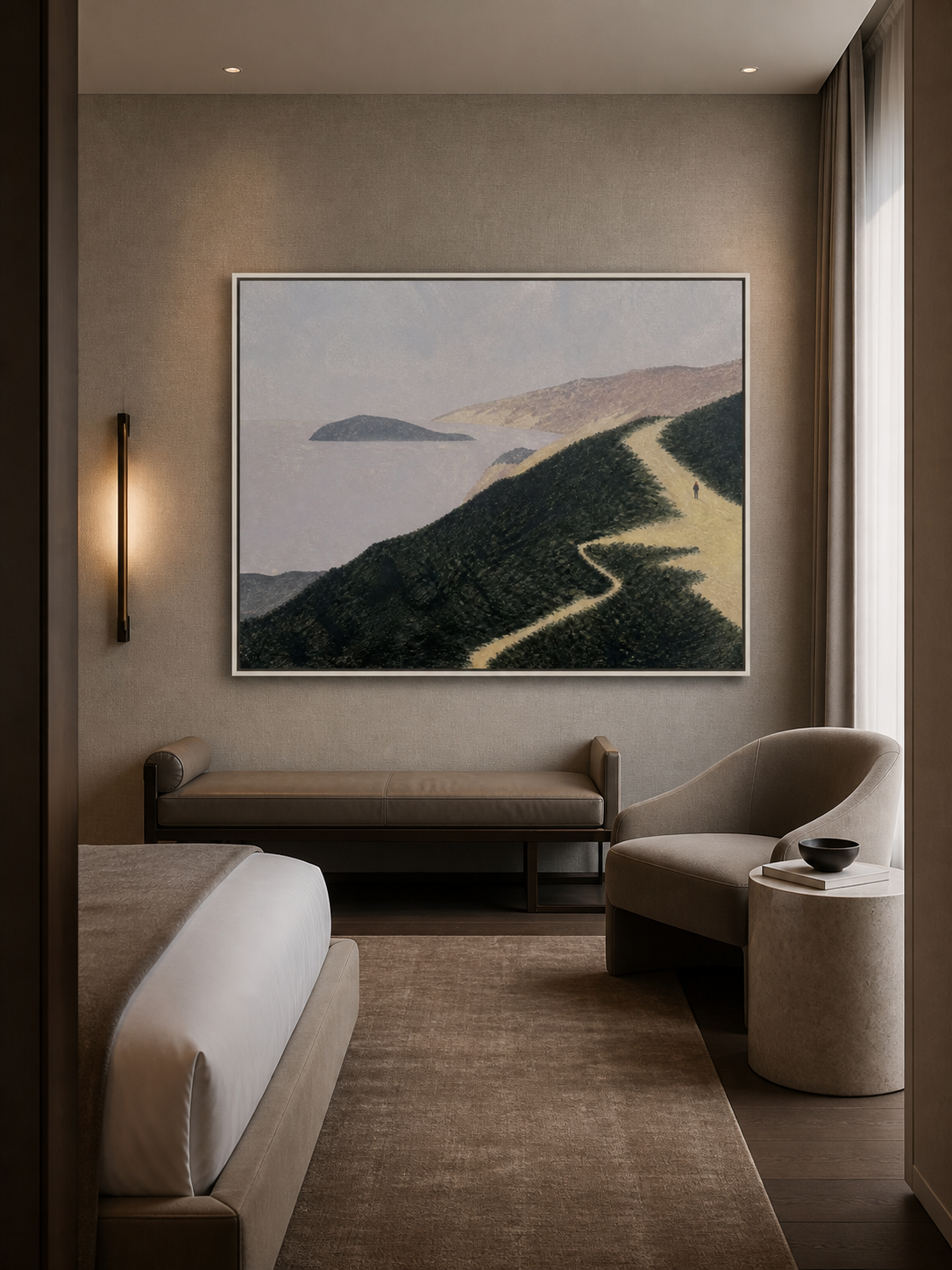 Minimalist Landscape Painting With Lone Figure On Coastal Path Hand-Painted Canvas Art