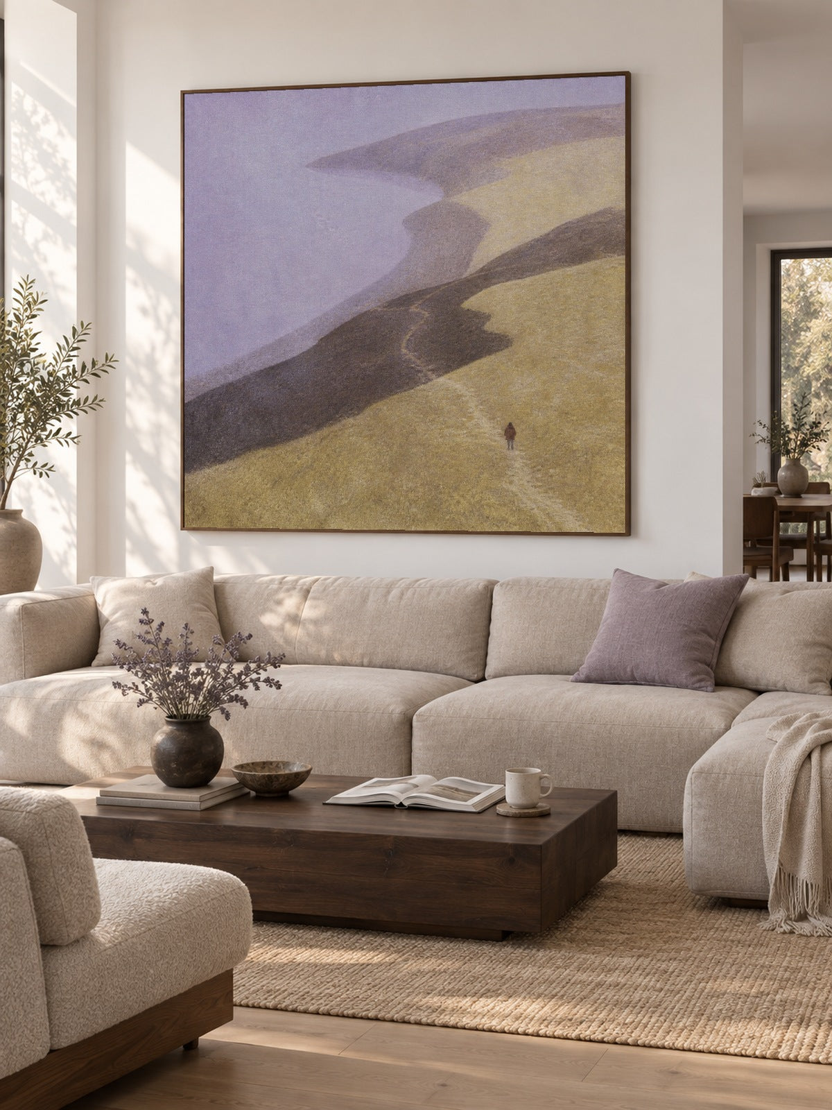 Minimalist Coastal Landscape Canvas Painting With Solitary Figure In Beige And Purple