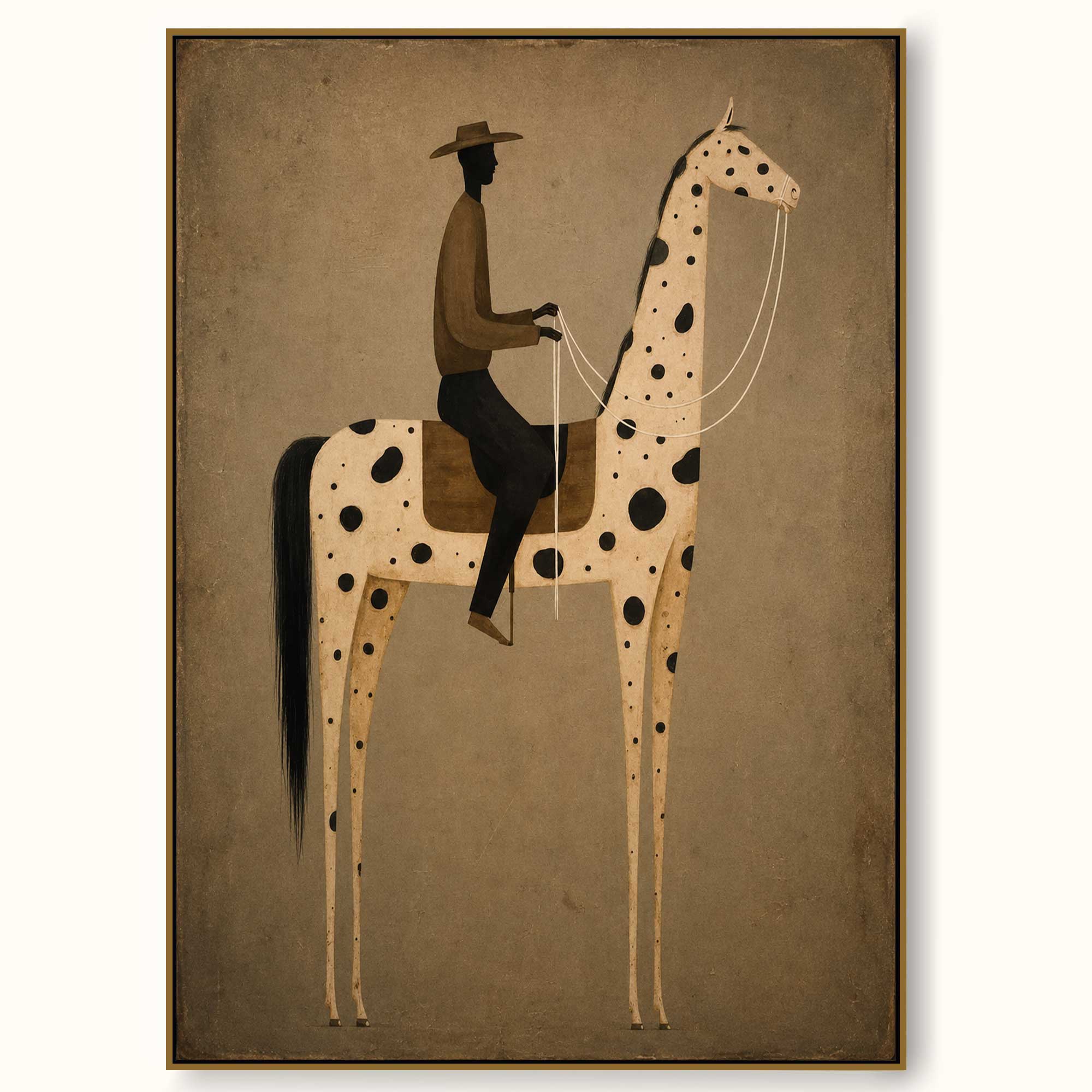 Vintage Equestrian Oil Painting Featuring A Stylized Rider On A Spotted Horse In Earthy Tones